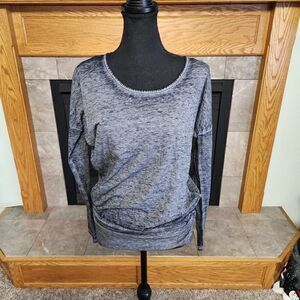 Bench Blue Marbaled Slit Back Banded Bottom Long Sleeve Top NWT